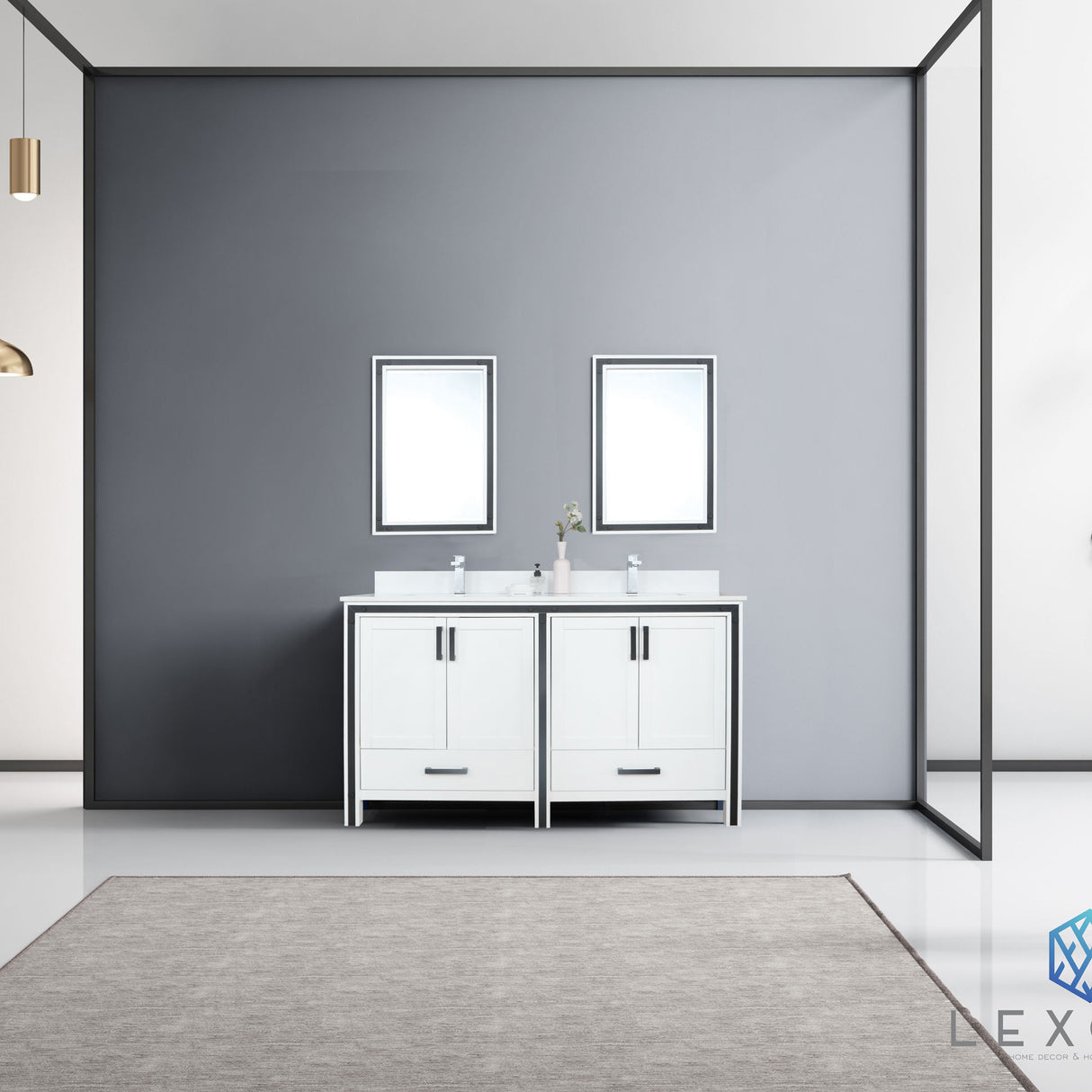 Ziva 60" White Double Vanity, Cultured Marble Top, White Square Sink and 22" Mirrors w/ Faucet