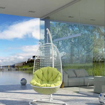 Hammock Swing Chair For Indoor Outdoor Use - In White Frame With Green Cushion(With hanging Stand)