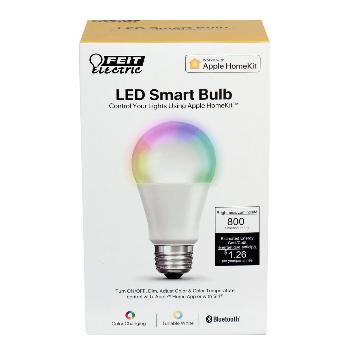 LED Smart Light Bulb, Apple HomeKit, 60W, 800 Lumens, RGBW, Color Changing & Tunable White