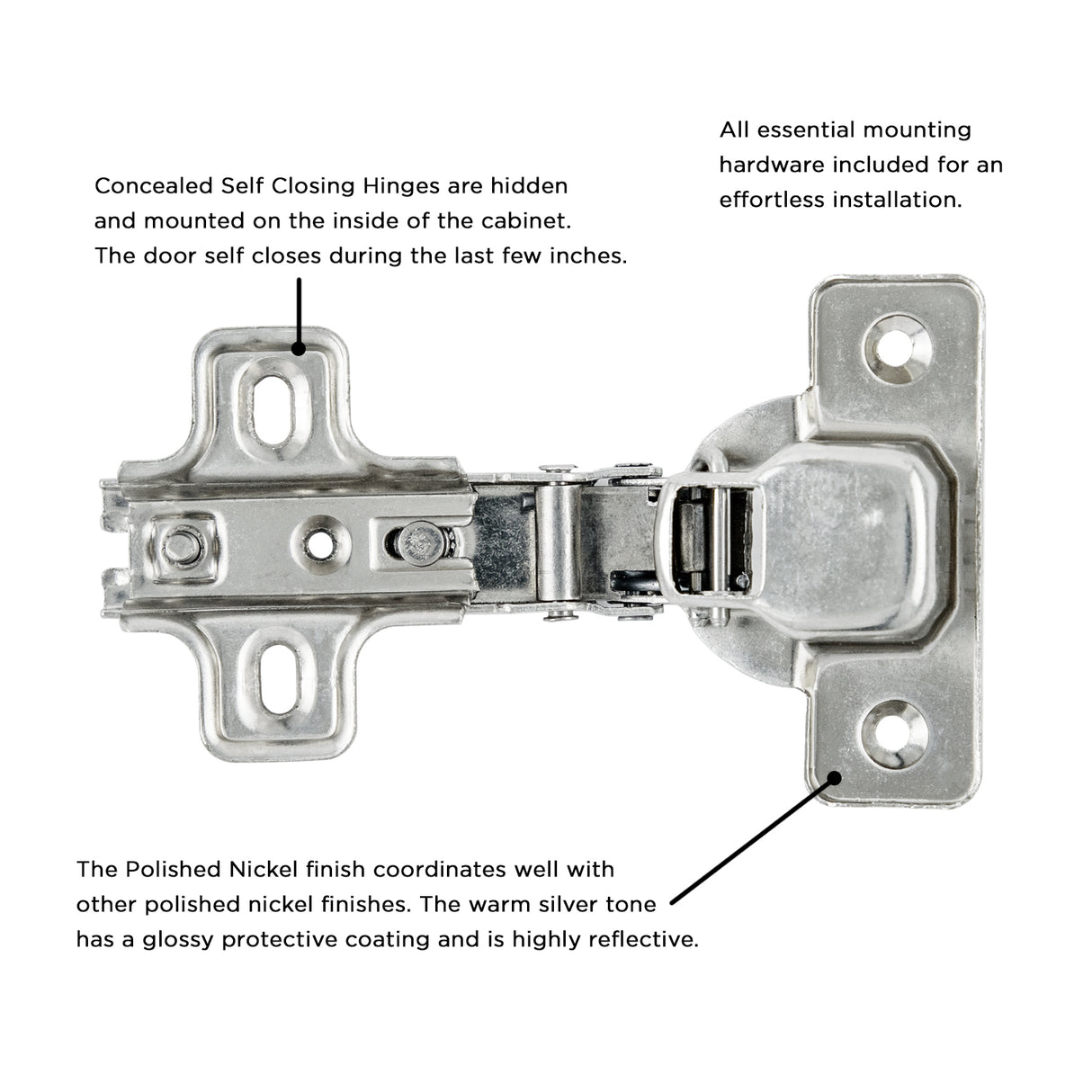 Hinge Concealed Full Overlay Frameless Self-Close in Polished Nickel - Hickory Hardware