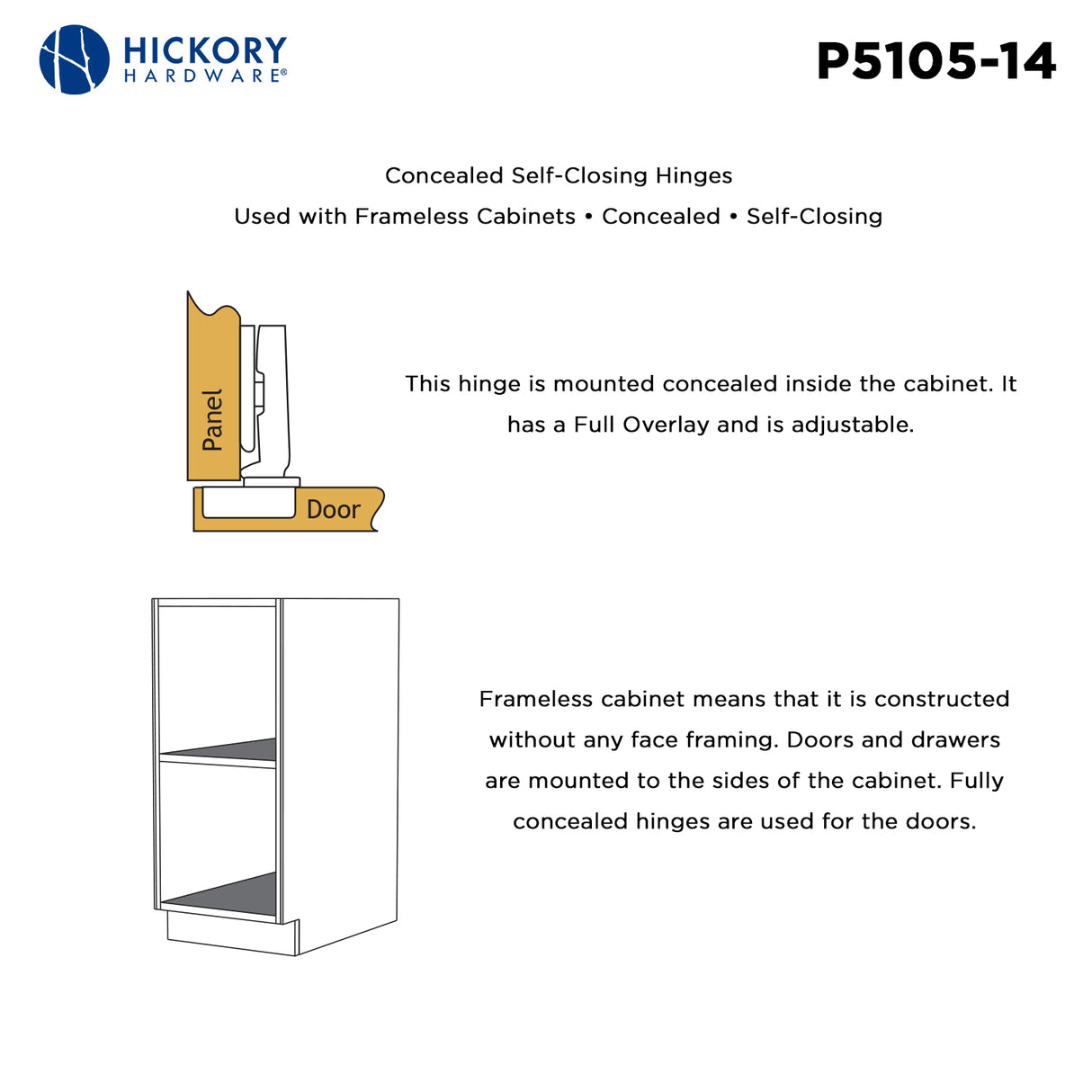 Hinge Concealed Full Overlay Frameless Self-Close in Polished Nickel - Hickory Hardware