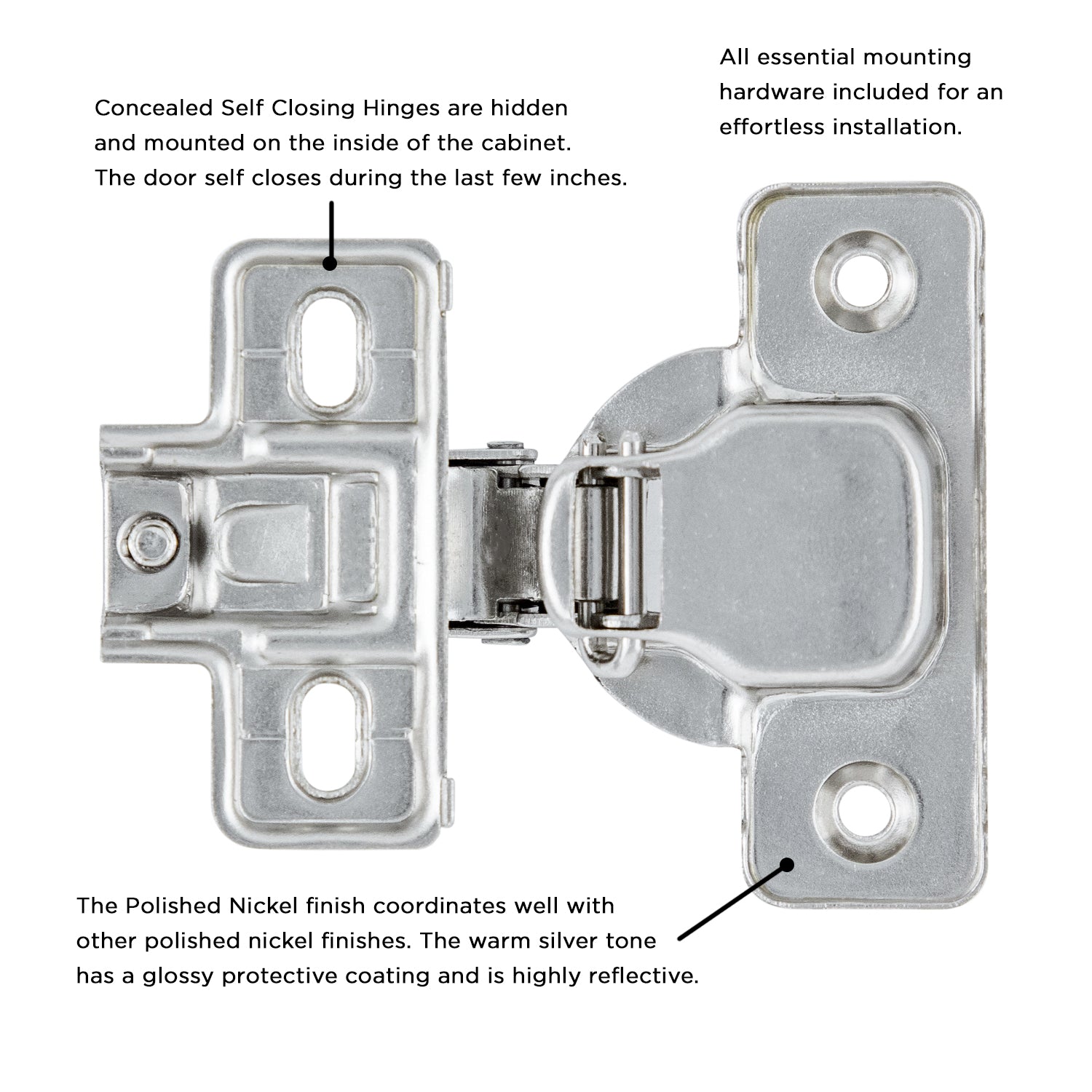 Hinge Concealed 1/2 Inch Overlay Face Frame Self-Close in Polished Nickel - Hickory Hardware