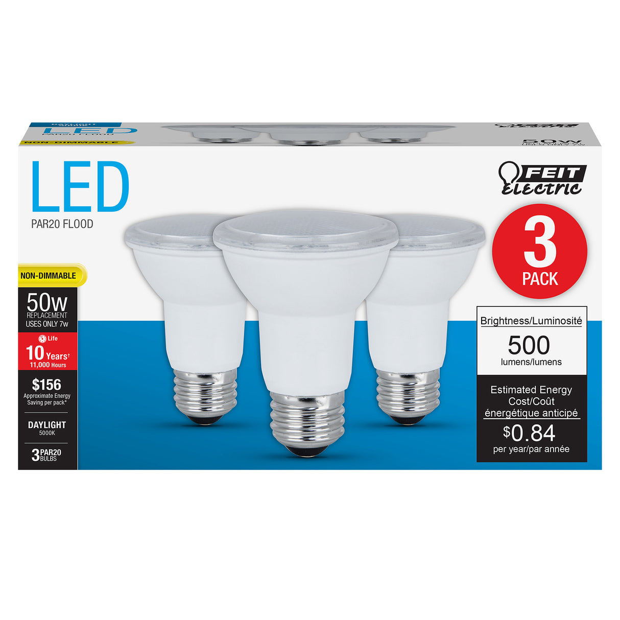 PAR20 LED Light Bulbs, 7 Watts, Non-Dimmable, E26, 500 Lumens 3 Pack