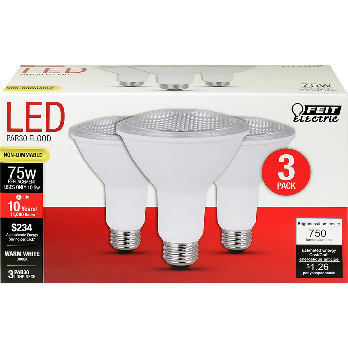 PAR30 LED Light Bulbs, 10.5 Watts, E26, Non-Dimmable, 750 Lumens, 3000K