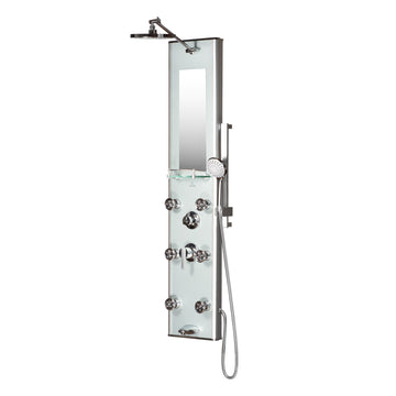 Silver Glass Shower Panel Kihei - Surface Mounted - 6 Dual-function Body Jet - 8mm Tough Glass - 5-Function Hand Shower Spa