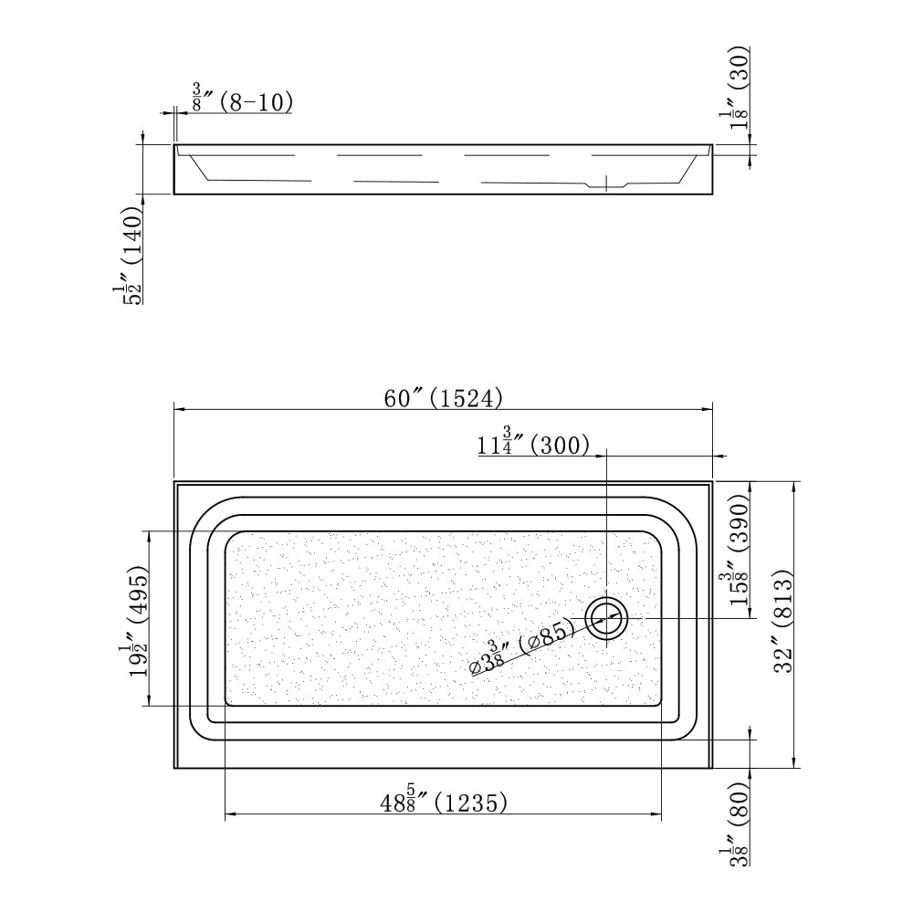 Shower Tray - Right Drain Single Threshold - Acrylic and Fiberglass - 60 X 32 X 5.5