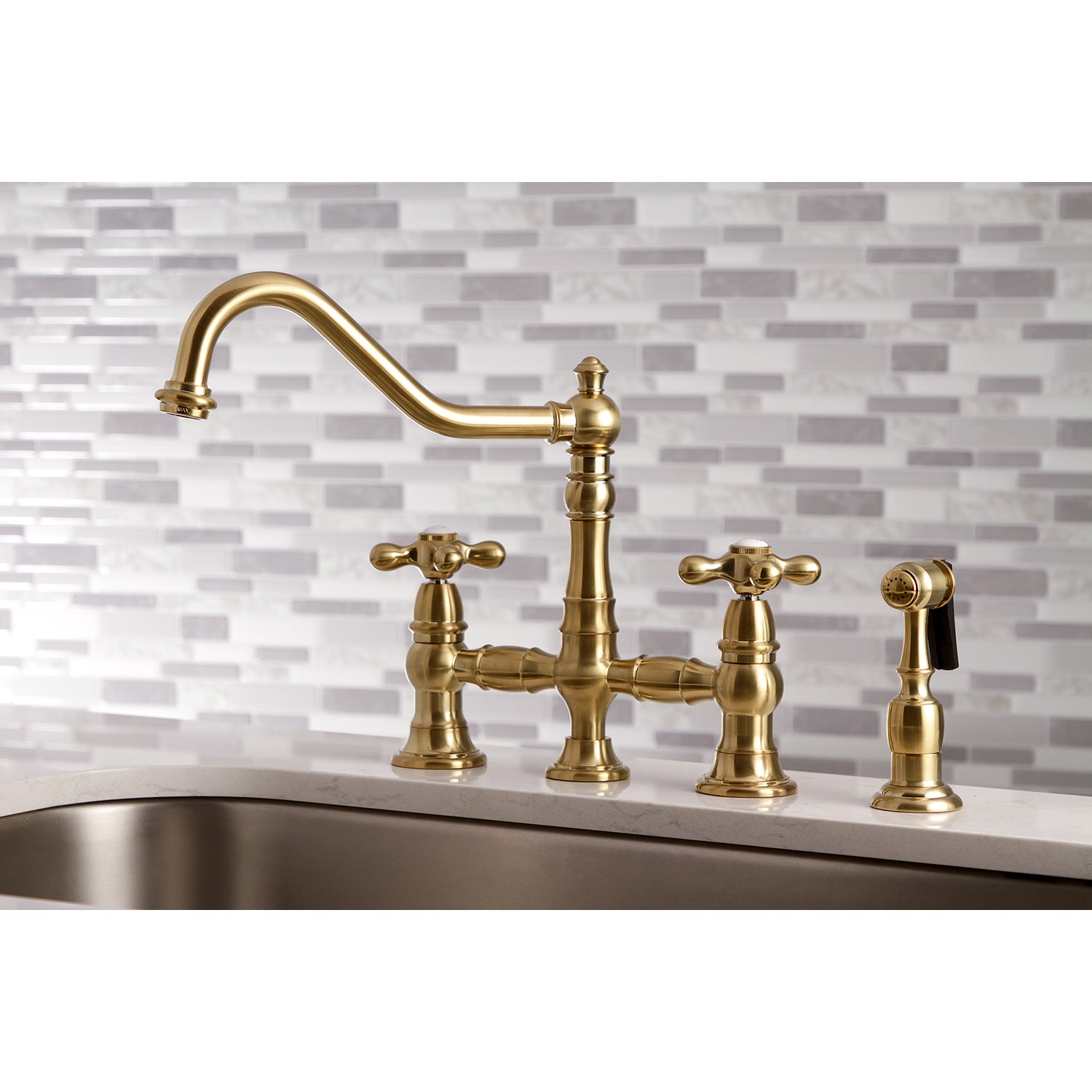 Restoration 8" Bridge Kitchen Faucet With Sprayer Includes Cross Handles For Easy Rotation