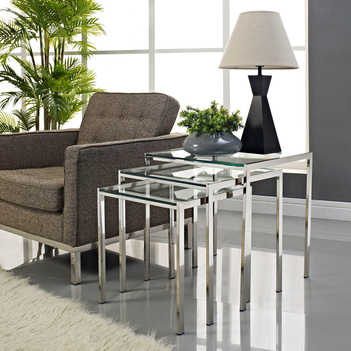 Modern Glass And Stainless Steel 3 - Piece Side Nimble Nesting Table - BUILDMYPLACE