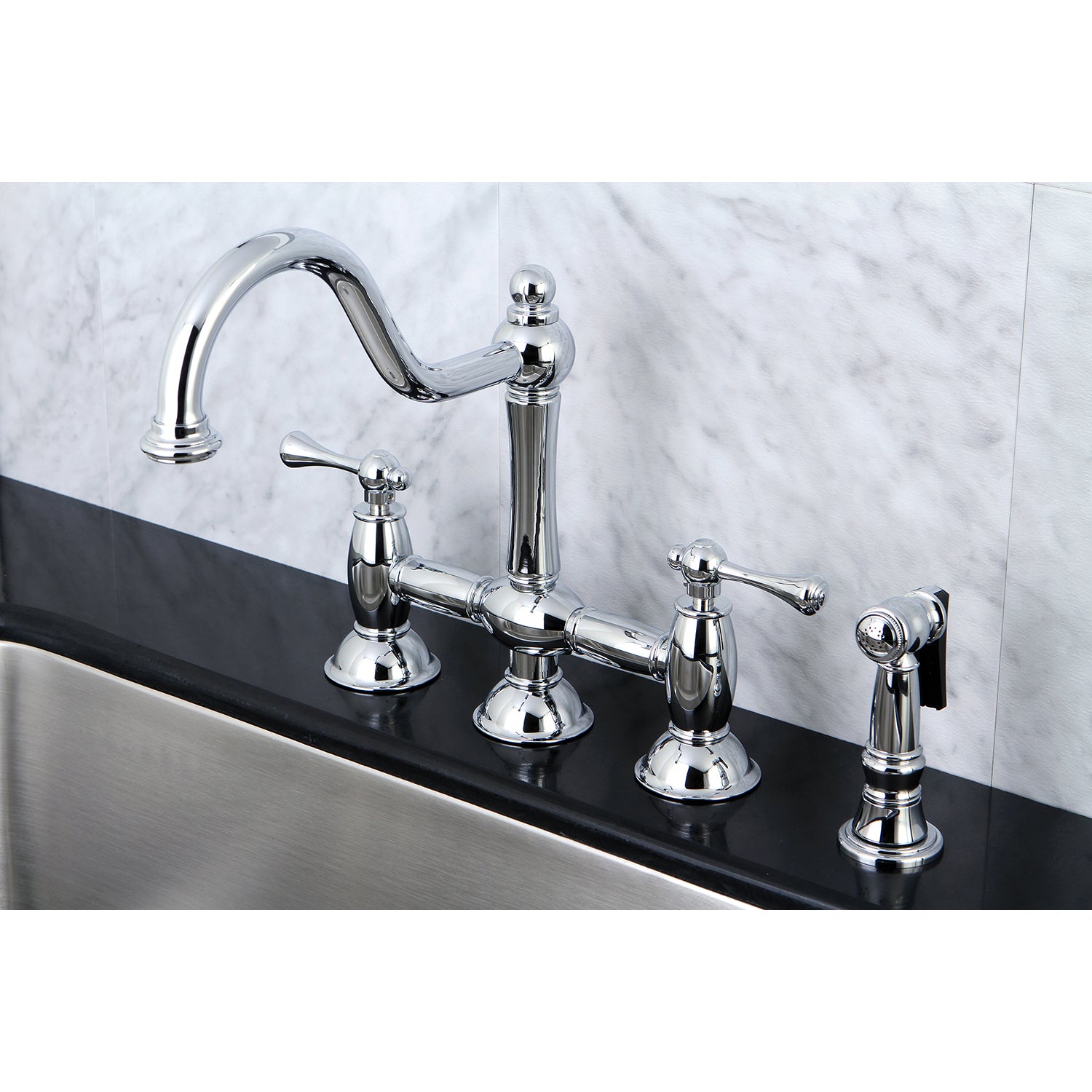 Restoration Bridge Kitchen Faucet With Brass Sprayer, Polished Chrome