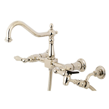 Heritage Two Handle Wall Mount Bridge Kitchen Faucet With Side Brass Sprayer