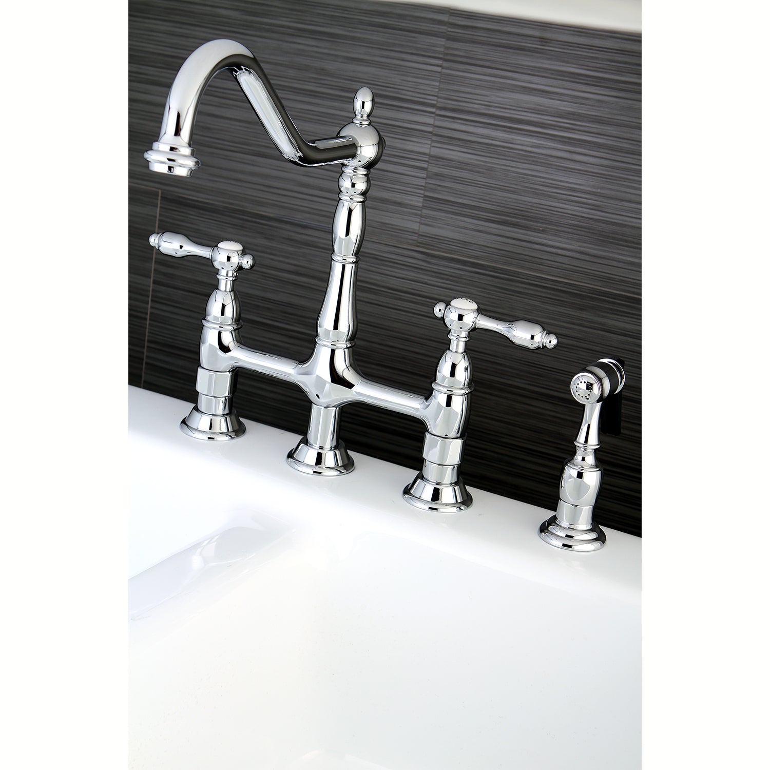 Tudor 8 Inch Center Kitchen Faucet With Brass Sprayer