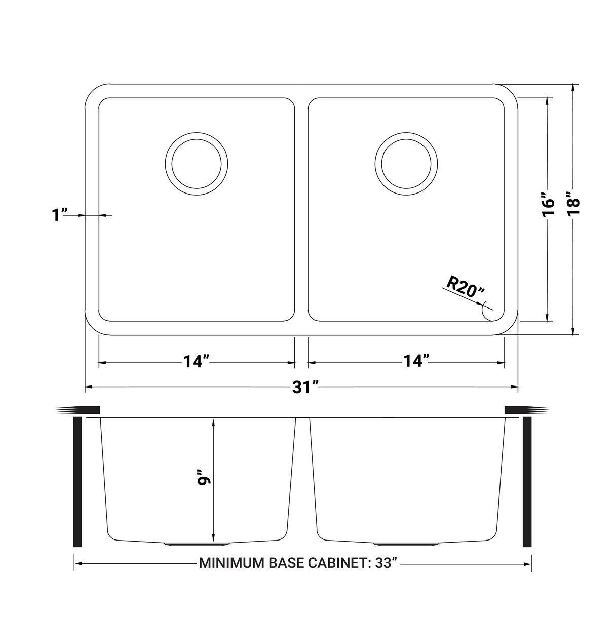 Undermount Kitchen Sink 50/50 Double Bowl 16 Gauge Stainless Steel