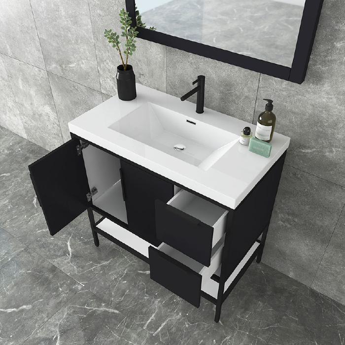 Marinus Freestanding Bathroom Vanity With Reinforced Acrylic Sink, Doors & Open Storage Shelves