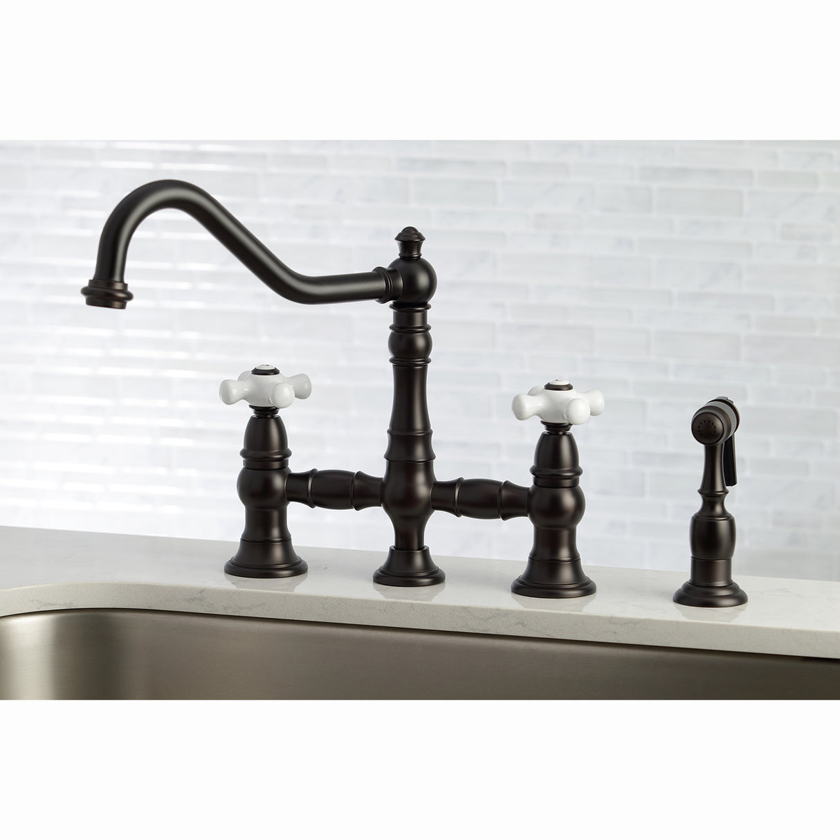 Restoration 8" Bridge Kitchen Faucet With Sprayer, 1.8 GPM Flow Rate