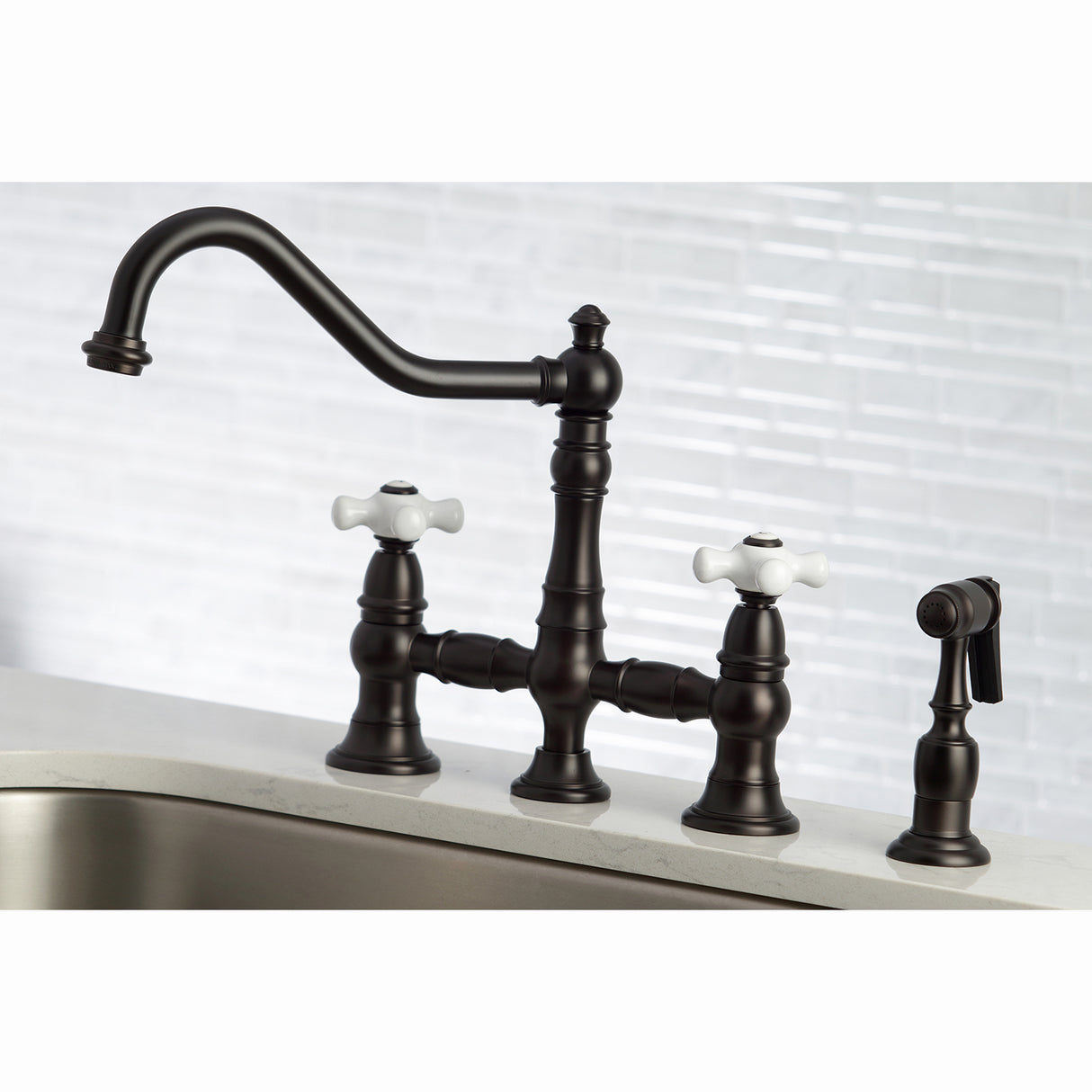 Restoration 8" Bridge Kitchen Faucet With Sprayer, 1.8 GPM Flow Rate