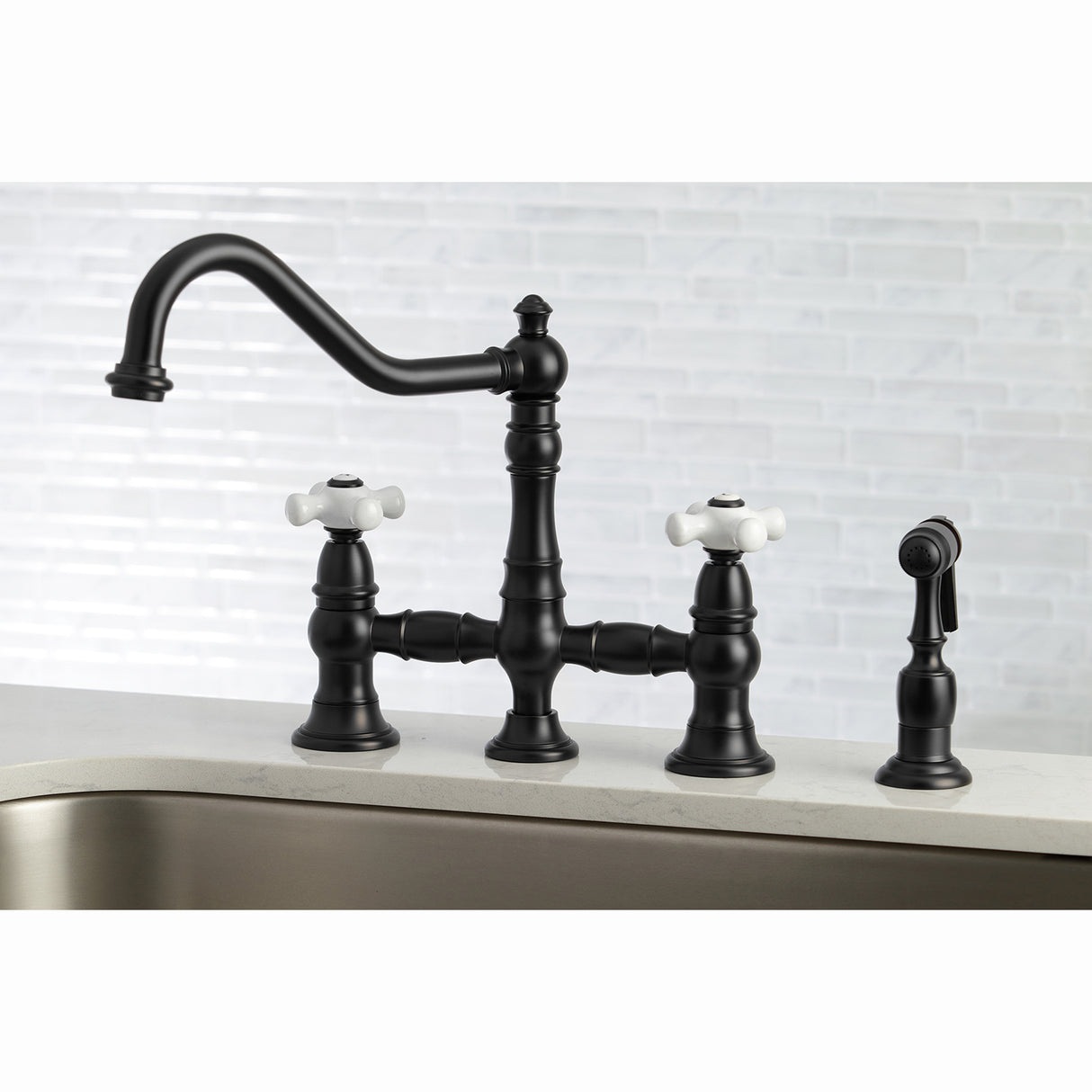 Restoration 8" Bridge Kitchen Faucet With Sprayer, 1.8 GPM Flow Rate