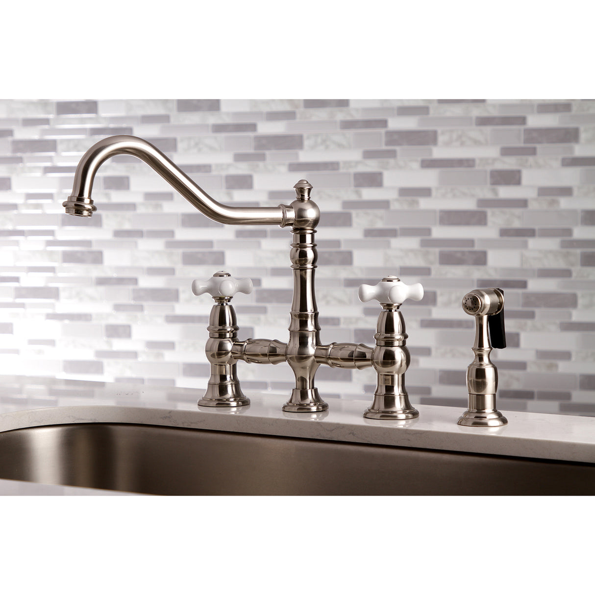 Restoration 8" Bridge Kitchen Faucet With Sprayer, 1.8 GPM Flow Rate