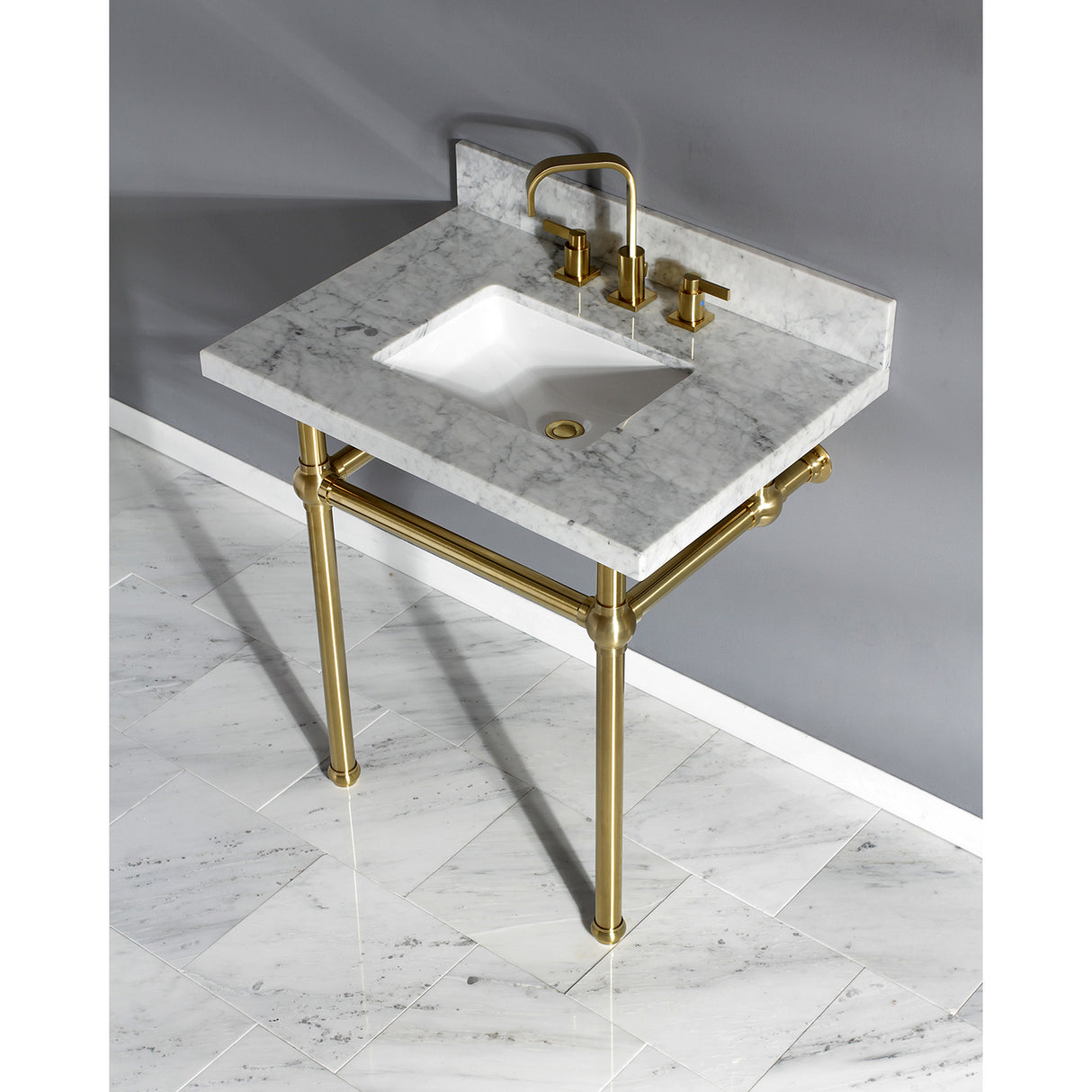 Templeton Vanity with Sink & Brass Feet Combo, 30" x 22", Carrara Marble