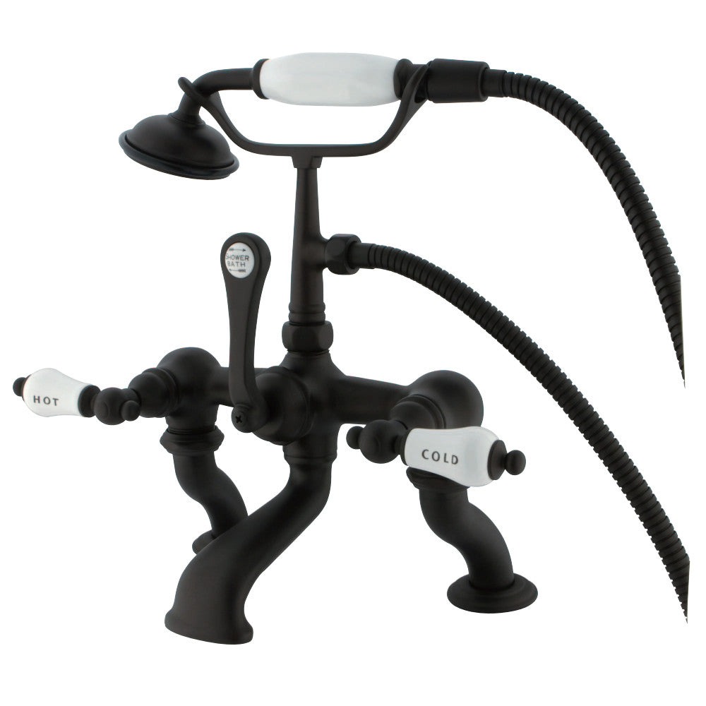 Vintage 7" Deck Mount Tub Faucet With Hand Shower, H&C Porcelain Lever Handle