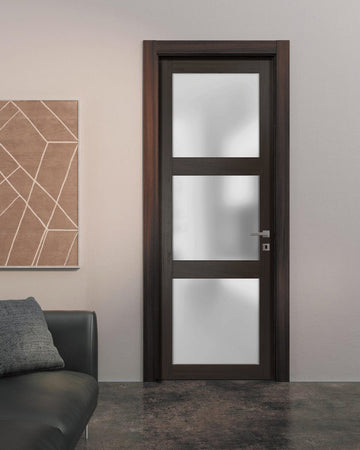 Solid French Door | Lucia 2552 Chocolate Ash with Frosted Glass | Single Regular Panel Frame Trims Handle | Bathroom Bedroom Sturdy Doors