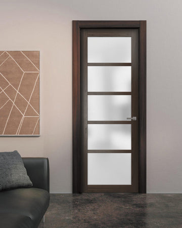 Solid French Door | Quadro 4002 Chocolate Ash with Frosted Glass | Single Regular Panel Frame Trims Handle | Bathroom Bedroom Sturdy Doors