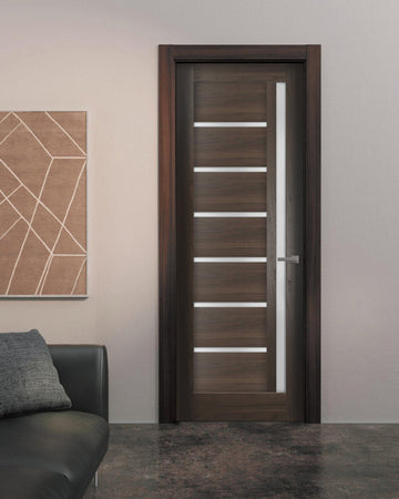 Solid French Door | Quadro 4088 Chocolate Ash with Frosted Glass | Single Regular Panel Frame Trims Handle | Bathroom Bedroom Sturdy Doors