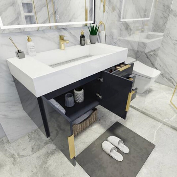 Blossom 42 In. Floating Single Sink Bathroom Vanity With Acrylic Sink Top, Right Side Drawers & Aluminum Alloy Frame