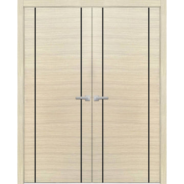 Solid French Double Doors | Planum 0017 Natural Veneer | Wood Solid Panel Frame Trims | Closet Bedroom Sturdy Doors