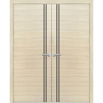 Planum Solid French Double Doors | Planum 0016 Natural Veneer | Wood Solid Panel Frame Trims | Closet Bedroom Sturdy Doors