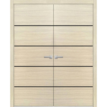 Planum Solid French Double Doors | Planum 0015 Natural Veneer | Wood Solid Panel Frame Trims | Closet Bedroom Sturdy Doors