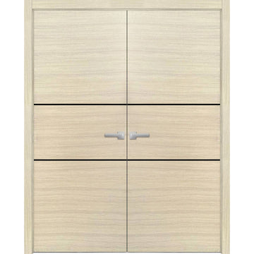 Planum Solid French Double Doors | Planum 0014 Natural Veneer | Wood Solid Panel Frame Trims | Closet Bedroom Sturdy Doors