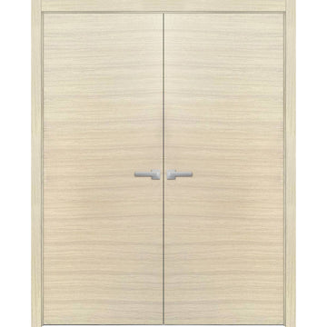 Planum Solid French Double Doors | Planum 0010 Natural Veneer | Wood Solid Panel Frame Trims | Closet Bedroom Sturdy Doors