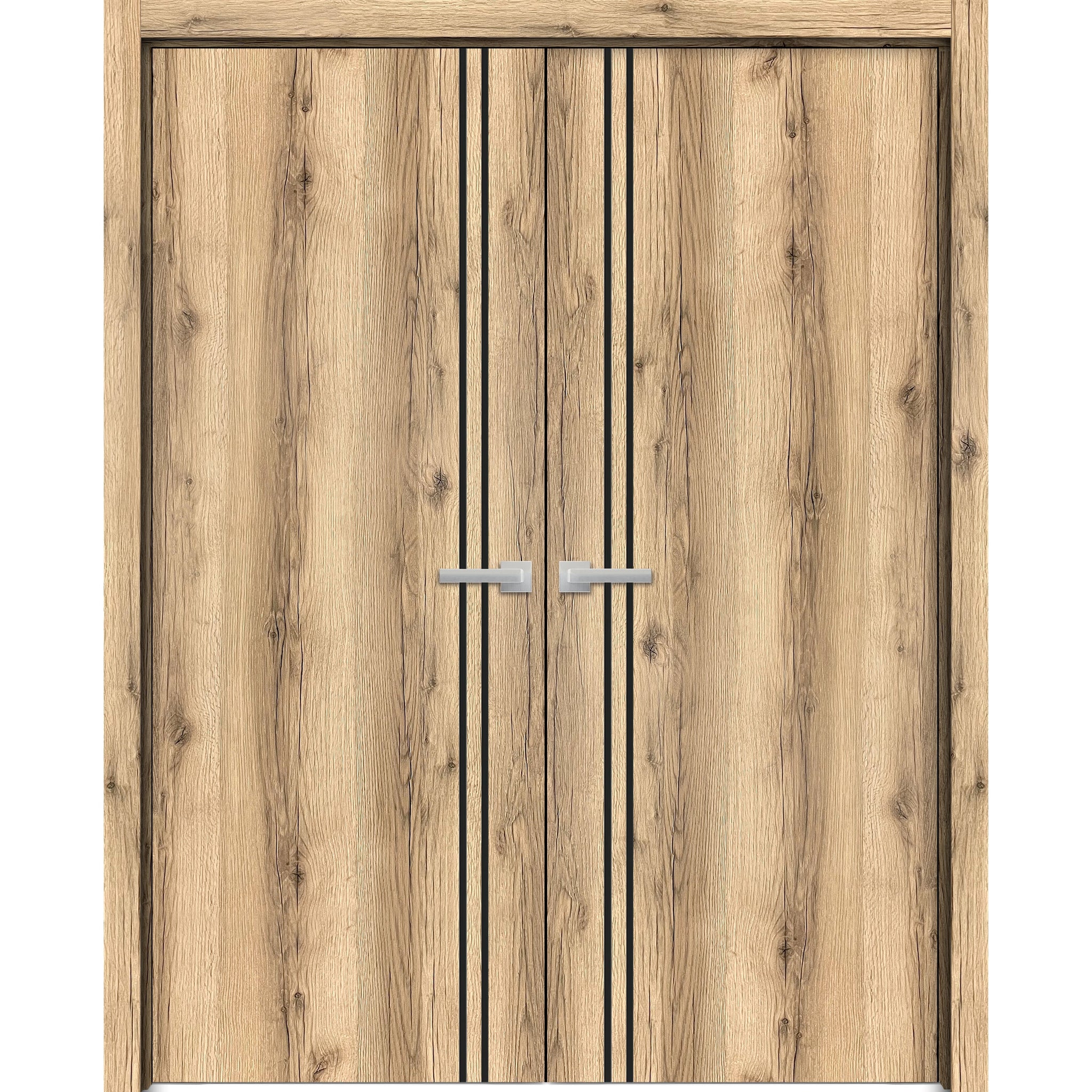 Planum Solid French Double Doors | Planum 0016 Oak | Wood Solid Panel Frame Trims | Closet Bedroom Sturdy Doors