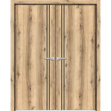 Planum Solid French Double Doors | Planum 0016 Oak | Wood Solid Panel Frame Trims | Closet Bedroom Sturdy Doors