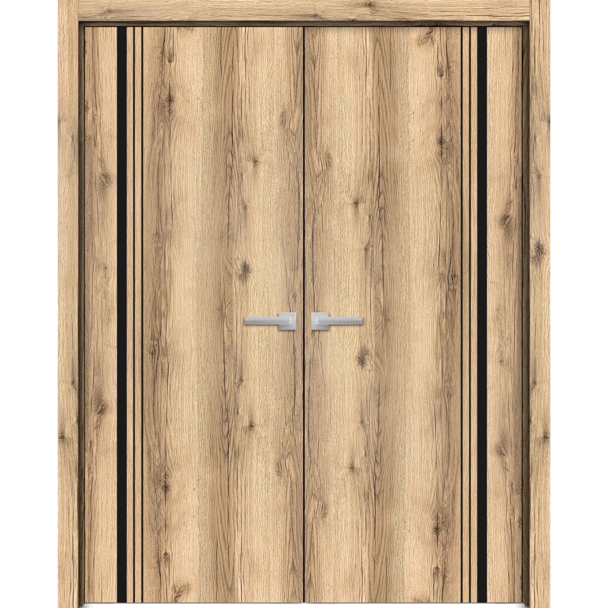 Solid French Double Doors | Planum 0011 Oak | Wood Solid Panel Frame Trims | Closet Bedroom Sturdy Doors