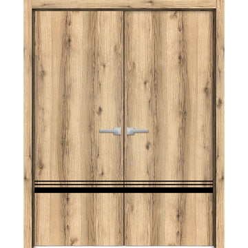 Planum Solid French Double Doors | Planum 0012 Oak | Wood Solid Panel Frame Trims | Closet Bedroom Sturdy Doors