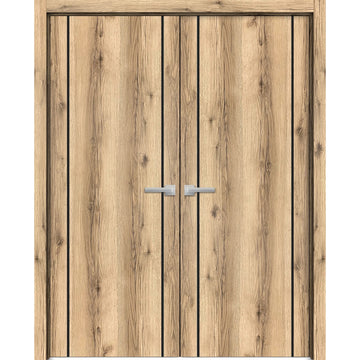 Solid French Double Doors | Planum 0017 Oak | Wood Solid Panel Frame Trims | Closet Bedroom Sturdy Doors