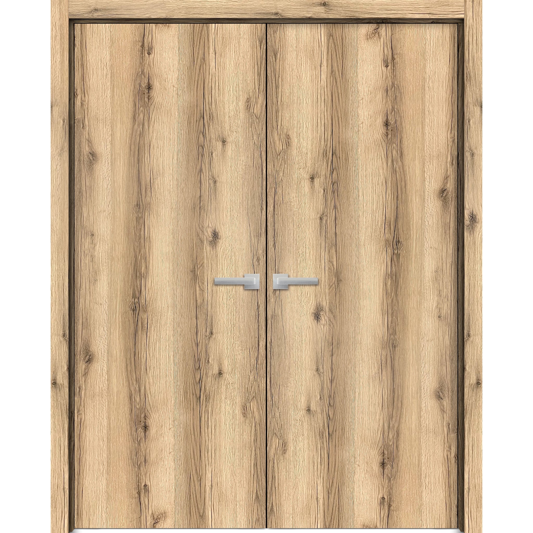 Planum Solid French Double Doors | Planum 0010 Oak | Wood Solid Panel Frame Trims | Closet Bedroom Sturdy Doors