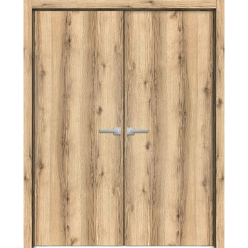 Planum Solid French Double Doors | Planum 0010 Oak | Wood Solid Panel Frame Trims | Closet Bedroom Sturdy Doors