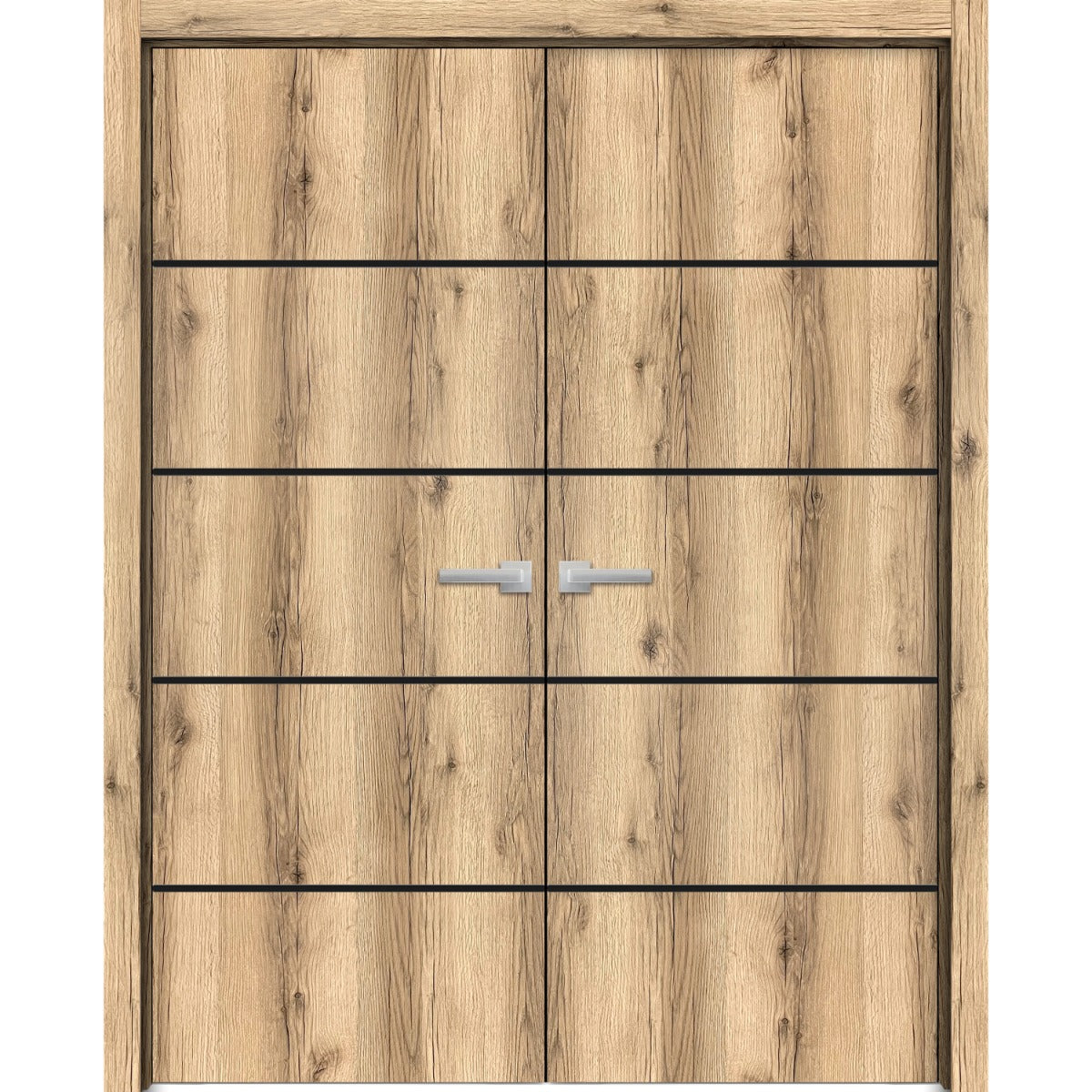 Planum Solid French Double Doors | Planum 0015 Oak | Wood Solid Panel Frame Trims | Closet Bedroom Sturdy Doors