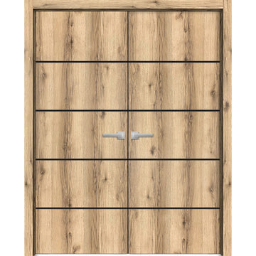 Planum Solid French Double Doors | Planum 0015 Oak | Wood Solid Panel Frame Trims | Closet Bedroom Sturdy Doors