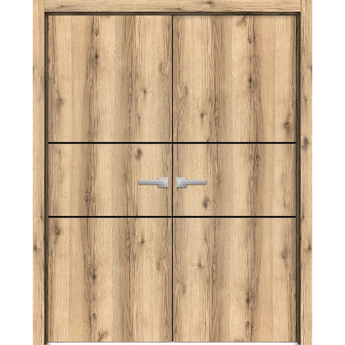 Planum Solid French Double Doors | Planum 0014 Oak | Wood Solid Panel Frame Trims | Closet Bedroom Sturdy Doors