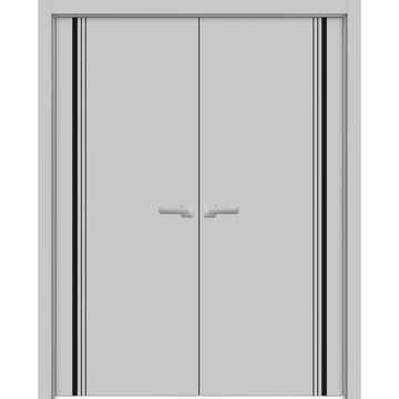 Solid French Double Doors | Planum 0011 Matte Grey | Wood Solid Panel Frame Trims | Closet Bedroom Sturdy Doors