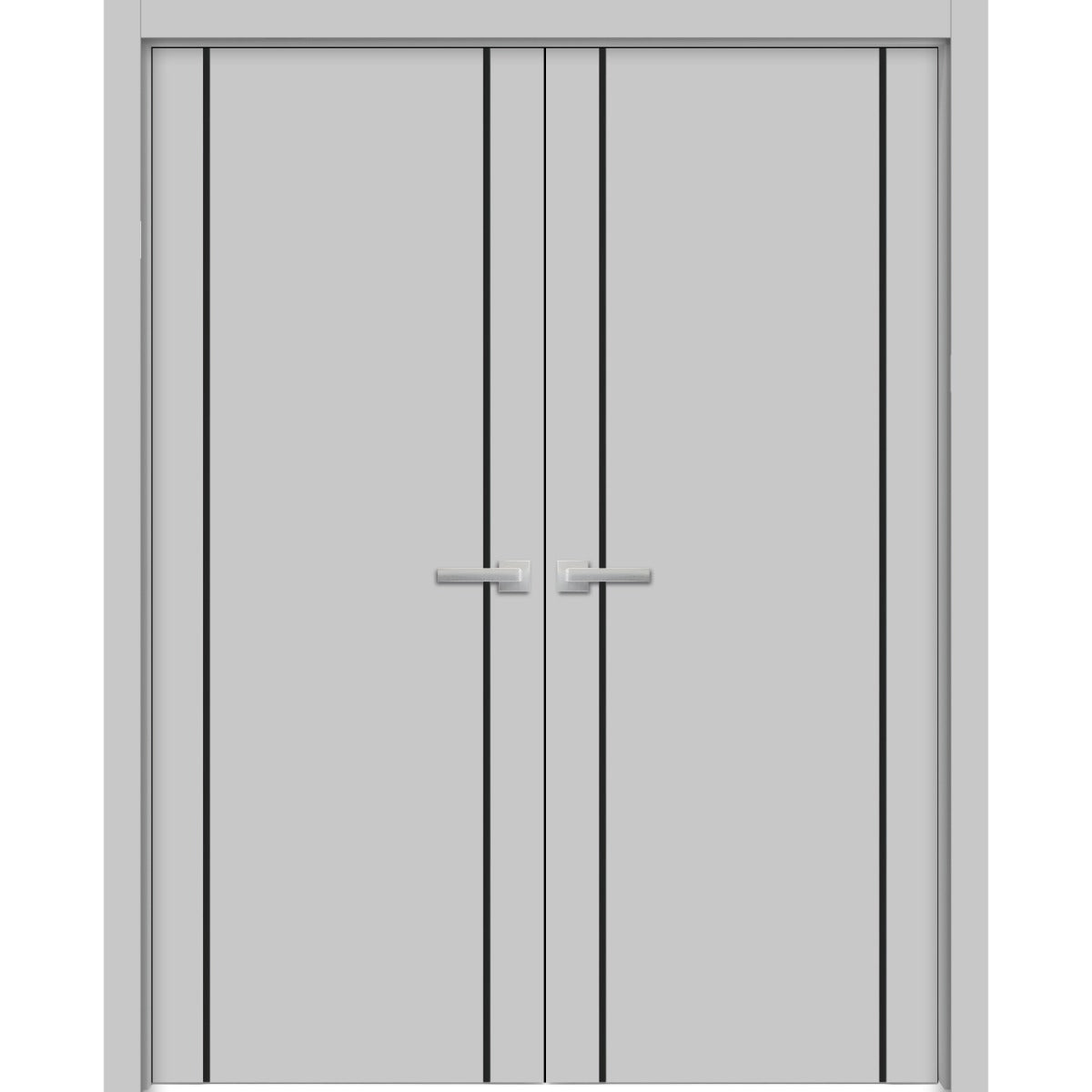 Solid French Double Doors | Planum 0017 Matte Grey | Wood Solid Panel Frame Trims | Closet Bedroom Sturdy Doors