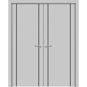 Solid French Double Doors | Planum 0017 Matte Grey | Wood Solid Panel Frame Trims | Closet Bedroom Sturdy Doors