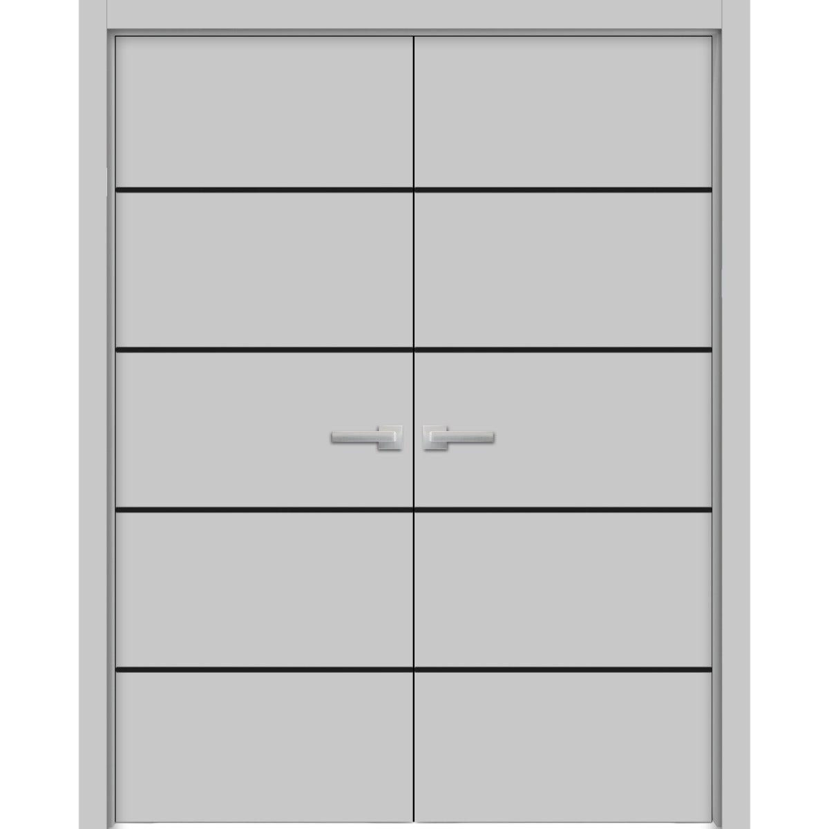 Planum Solid French Double Doors | Planum 0015 Matte Grey | Wood Solid Panel Frame Trims | Closet Bedroom Sturdy Doors