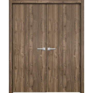 Solid French Double Doors | Planum 0010 Walnut | Wood Solid Panel Frame Trims | Closet Bedroom Sturdy Doors