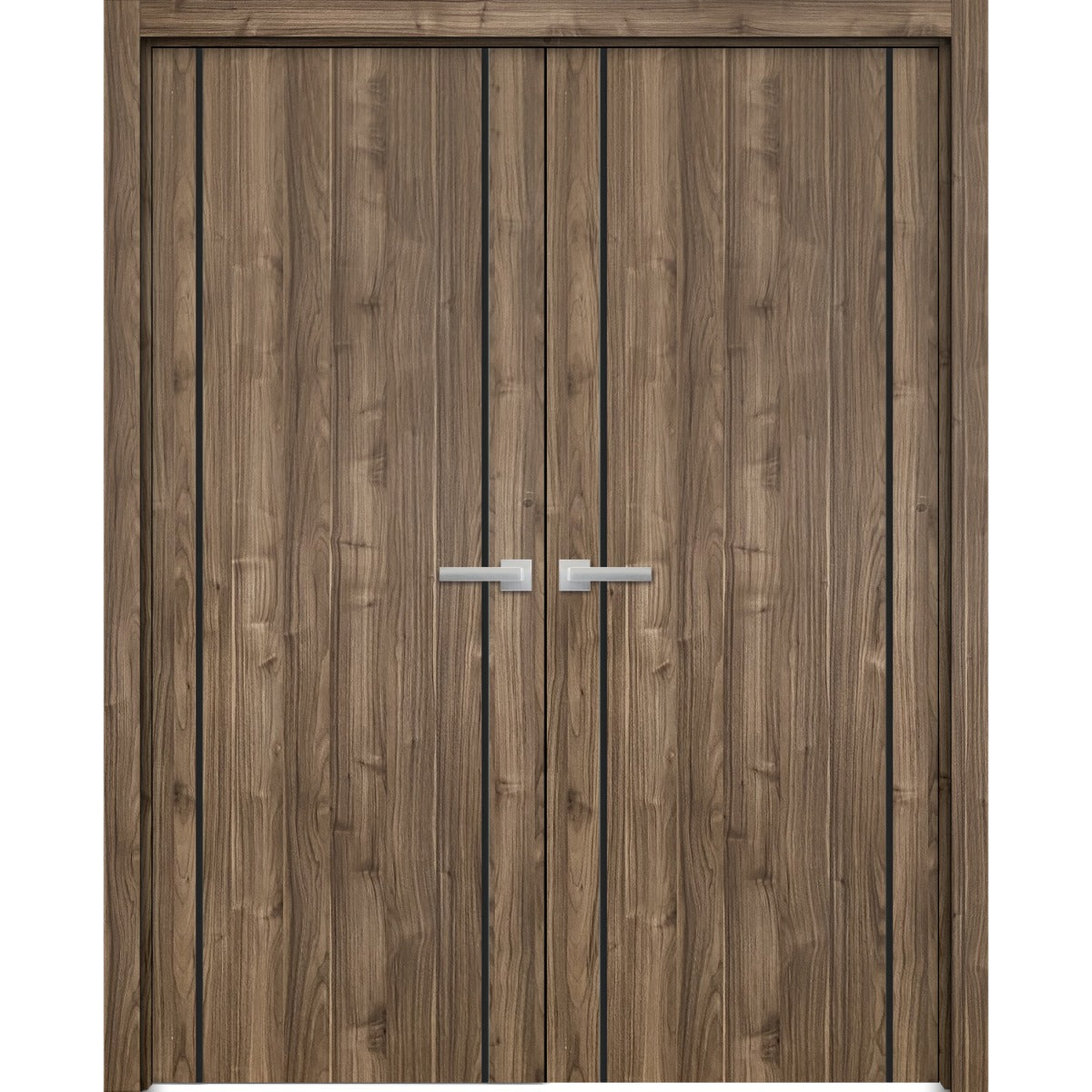 Solid French Double Doors | Planum 0017 Walnut | Wood Solid Panel Frame Trims | Closet Bedroom Sturdy Doors