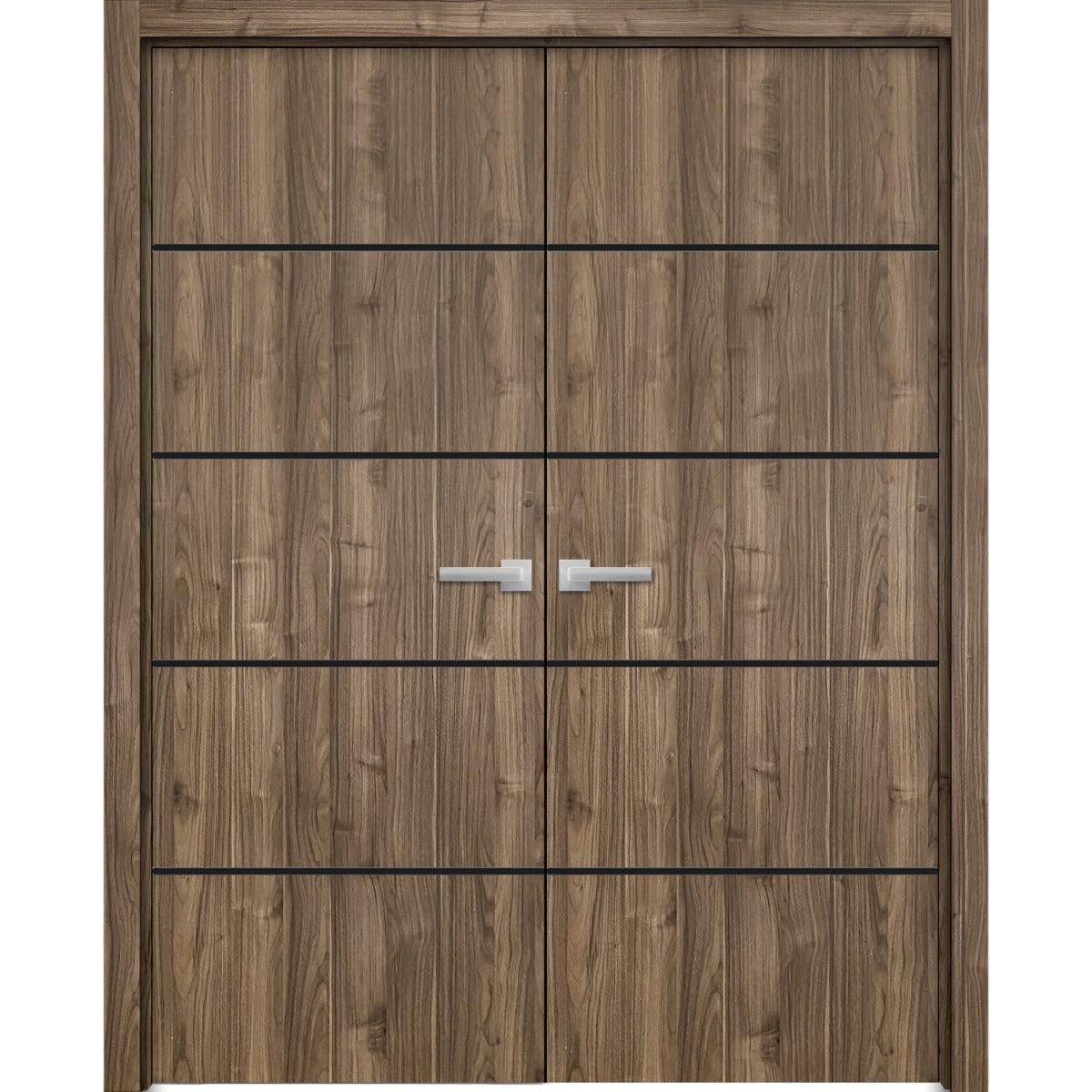 Planum Solid French Double Doors | Planum 0015 Walnut | Wood Solid Panel Frame Trims | Closet Bedroom Sturdy Doors