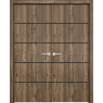 Planum Solid French Double Doors | Planum 0015 Walnut | Wood Solid Panel Frame Trims | Closet Bedroom Sturdy Doors